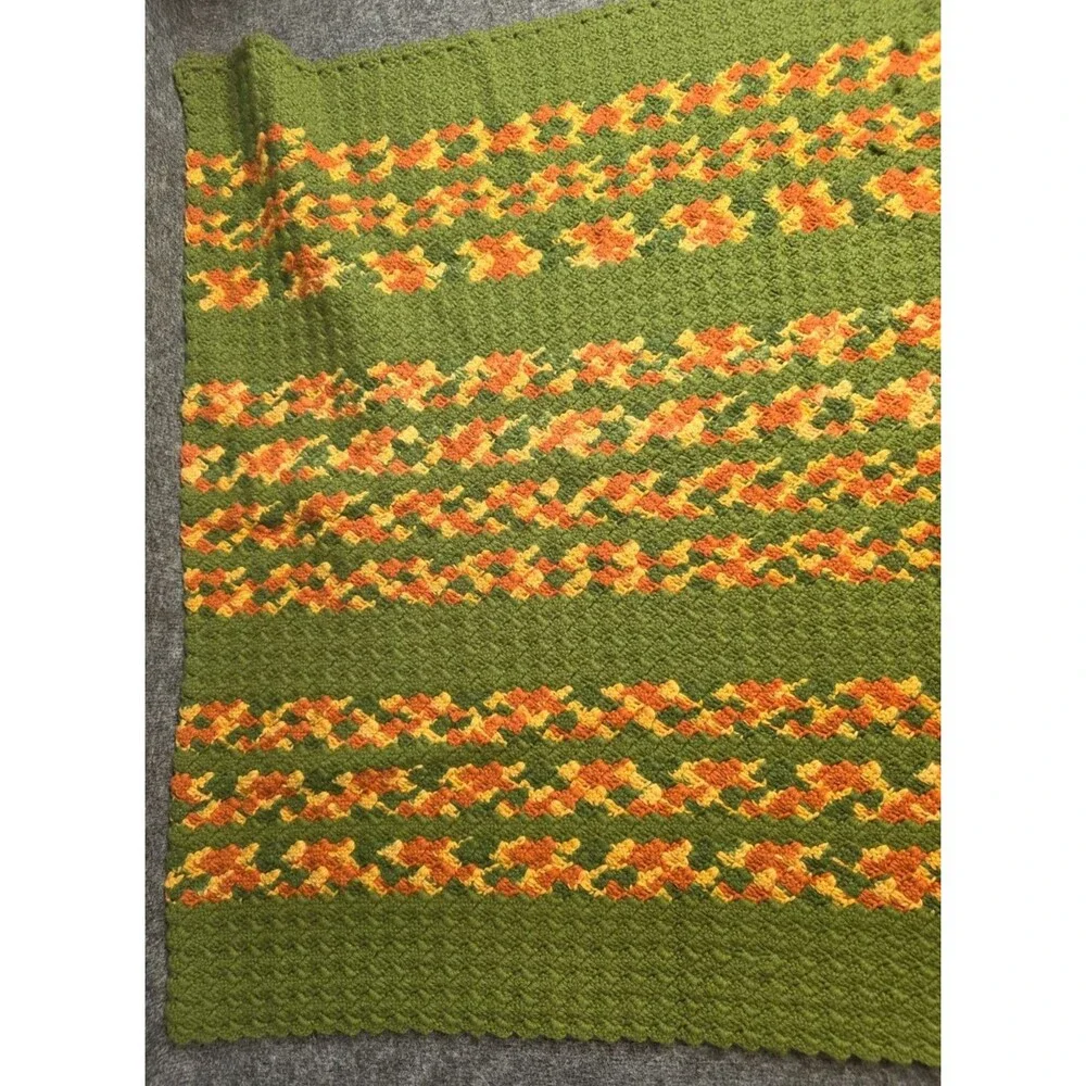 Handmade Green Crochet Afghan Blanket Orange Yellow Floral Throw Vintage 32x54